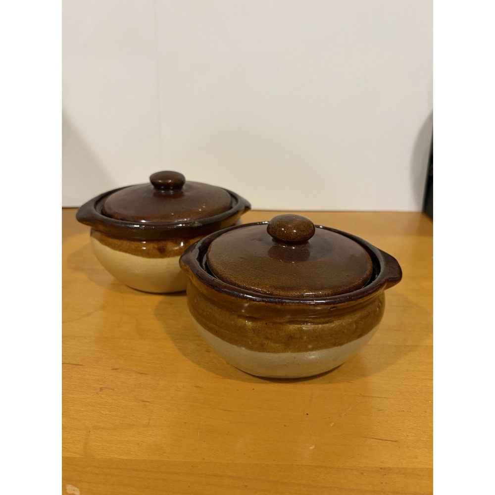 Vintage Set Of 2 Pottery Bean Pot/Soup Crock With Lid Brown Glazed